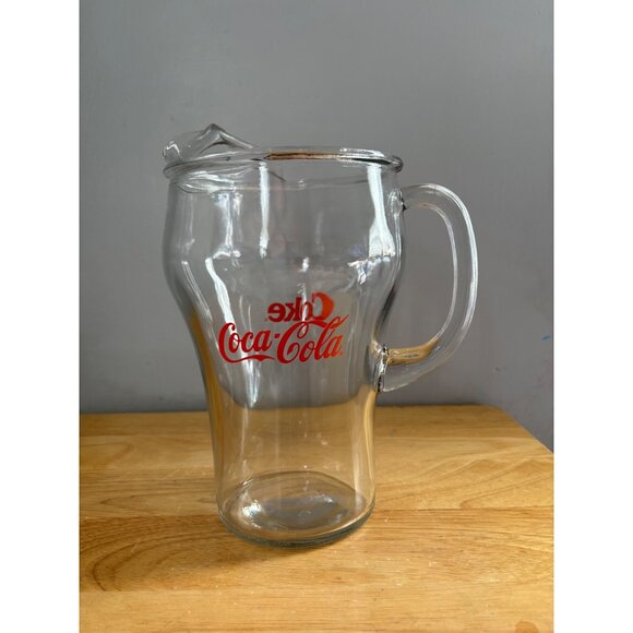 Vintage Coca-Cola Glass Pitcher With Handle & Pour Spout 64 Oz Clear & Red Logo - Picture 1 of 7